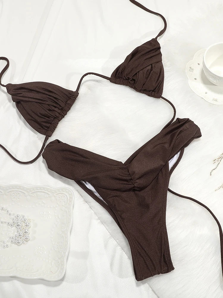 Sexy dobras conjunto de biquíni sólido micro biquinis feminino maiô triângulo banho beach wear maiô