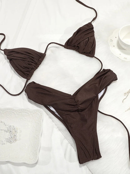 Sexy dobras conjunto de biquíni sólido micro biquinis feminino maiô triângulo banho beach wear maiô