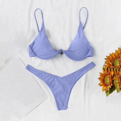 Maiô estilo dividido de cor sólida feminino, biquíni de peça de reboque com suporte de aço, maiô sexy para adolescentes, 2022