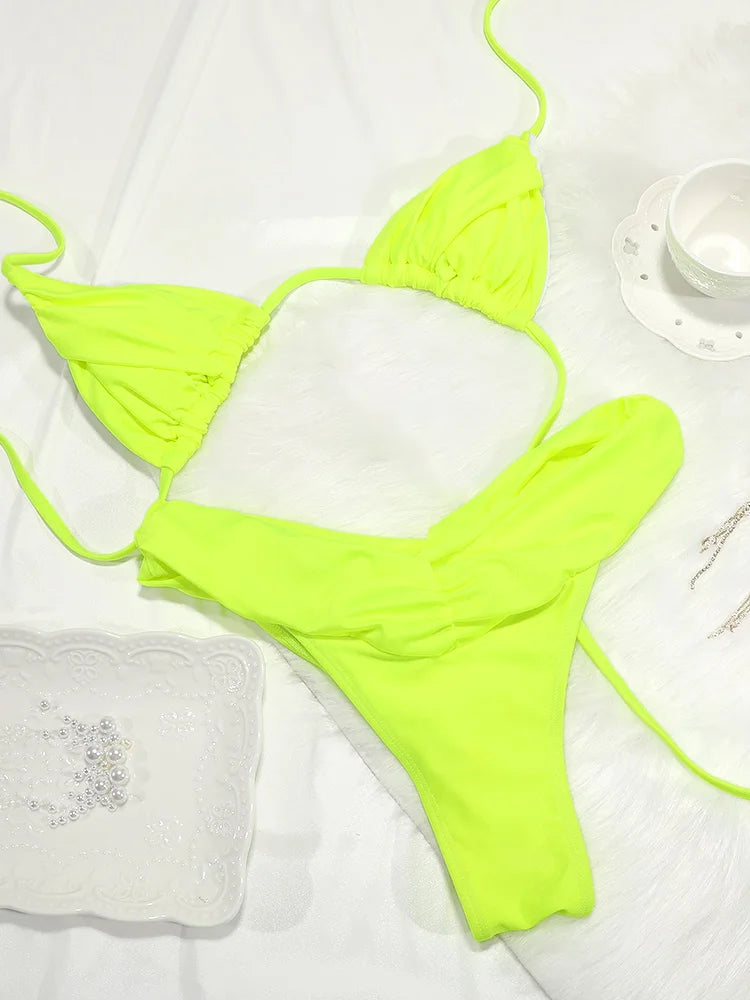 Sexy dobras conjunto de biquíni sólido micro biquinis feminino maiô triângulo banho beach wear maiô