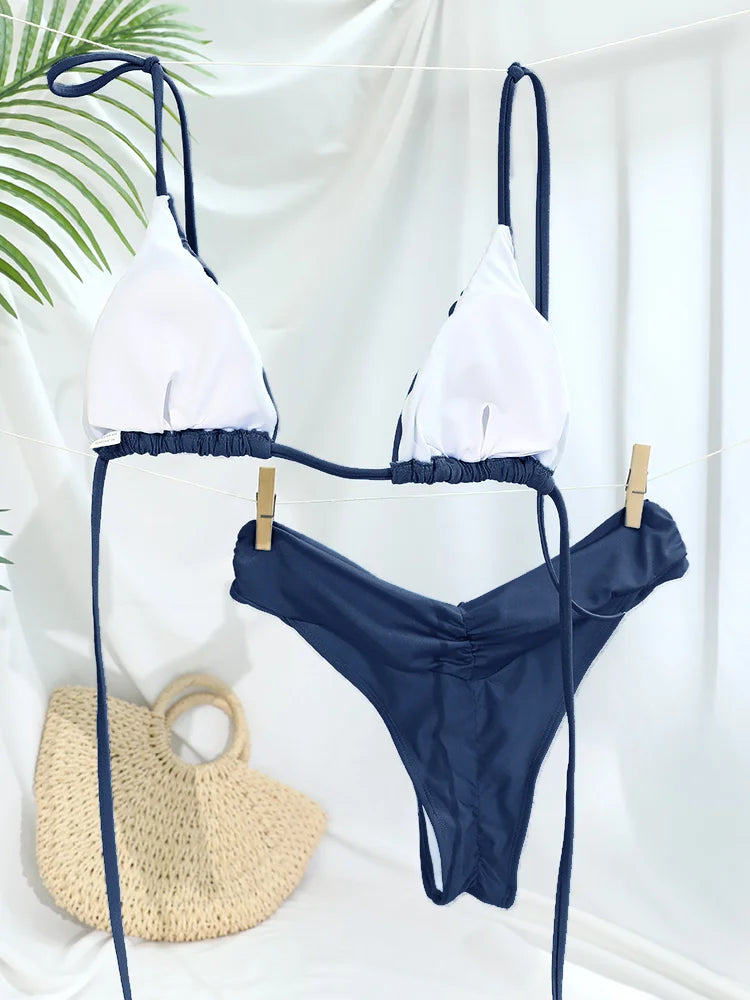 Sexy dobras conjunto de biquíni sólido micro biquinis feminino maiô triângulo banho beach wear maiô