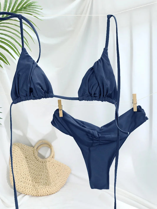 Sexy dobras conjunto de biquíni sólido micro biquinis feminino maiô triângulo banho beach wear maiô