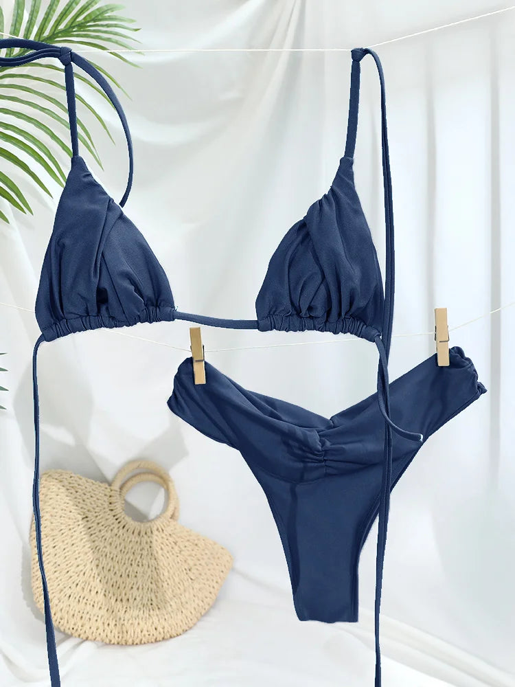 Sexy dobras conjunto de biquíni sólido micro biquinis feminino maiô triângulo banho beach wear maiô