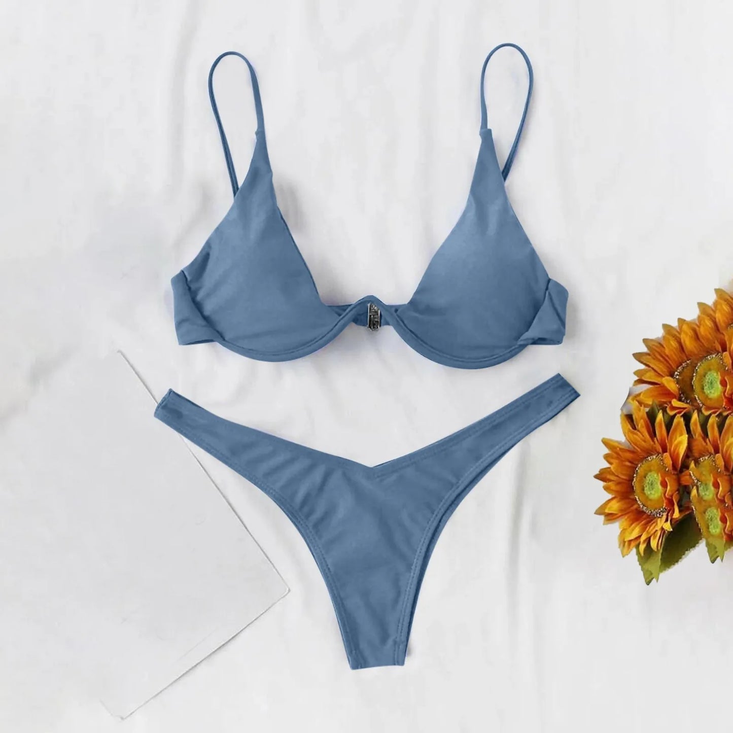 Maiô estilo dividido de cor sólida feminino, biquíni de peça de reboque com suporte de aço, maiô sexy para adolescentes, 2022