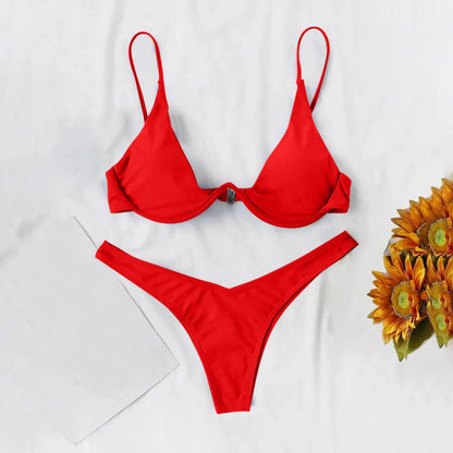 Maiô estilo dividido de cor sólida feminino, biquíni de peça de reboque com suporte de aço, maiô sexy para adolescentes, 2022