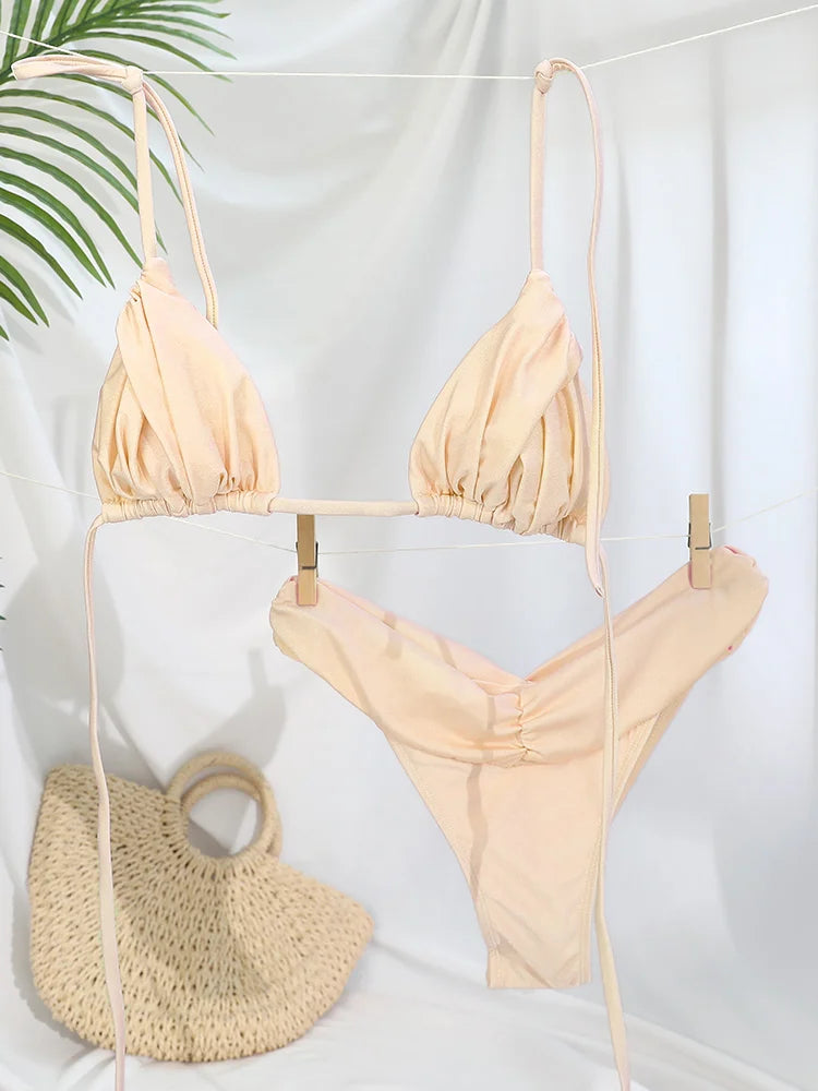 Sexy dobras conjunto de biquíni sólido micro biquinis feminino maiô triângulo banho beach wear maiô