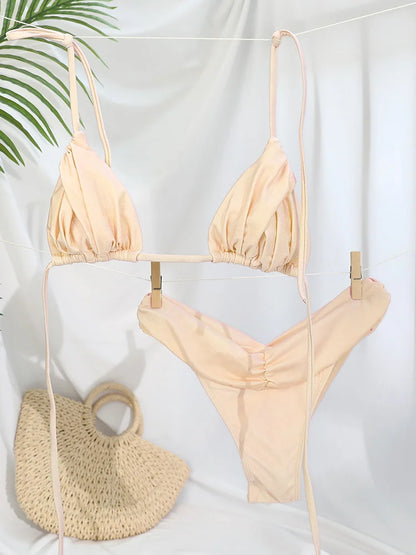 Sexy dobras conjunto de biquíni sólido micro biquinis feminino maiô triângulo banho beach wear maiô