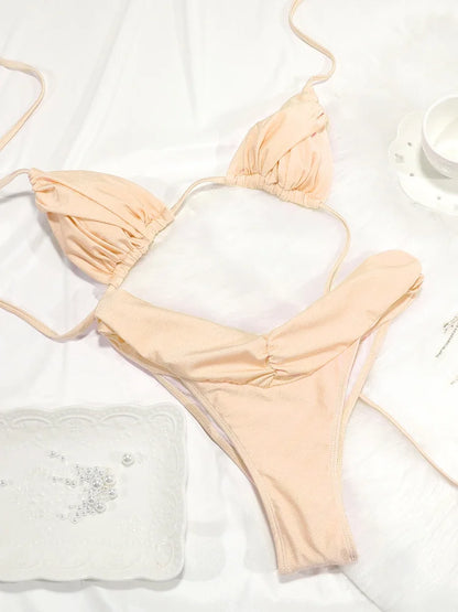 Sexy dobras conjunto de biquíni sólido micro biquinis feminino maiô triângulo banho beach wear maiô