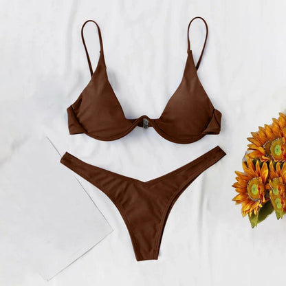 Maiô estilo dividido de cor sólida feminino, biquíni de peça de reboque com suporte de aço, maiô sexy para adolescentes, 2022
