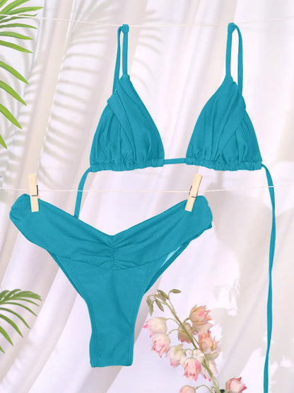 Sexy dobras conjunto de biquíni sólido micro biquinis feminino maiô triângulo banho beach wear maiô