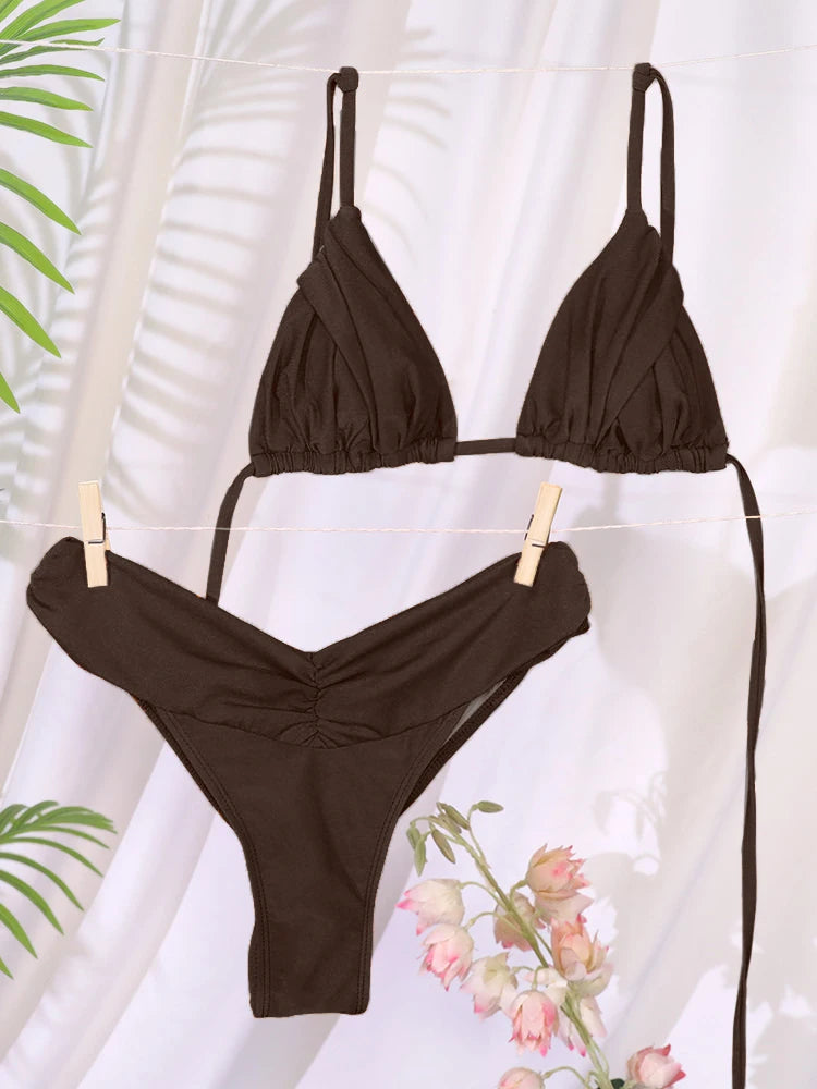 Sexy dobras conjunto de biquíni sólido micro biquinis feminino maiô triângulo banho beach wear maiô