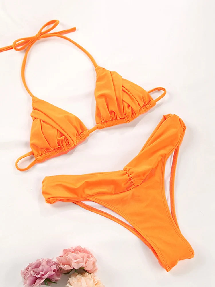 Sexy dobras conjunto de biquíni sólido micro biquinis feminino maiô triângulo banho beach wear maiô