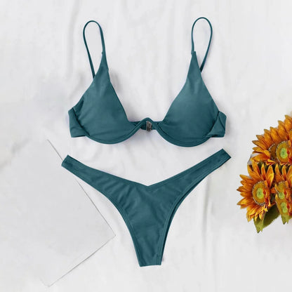 Maiô estilo dividido de cor sólida feminino, biquíni de peça de reboque com suporte de aço, maiô sexy para adolescentes, 2022